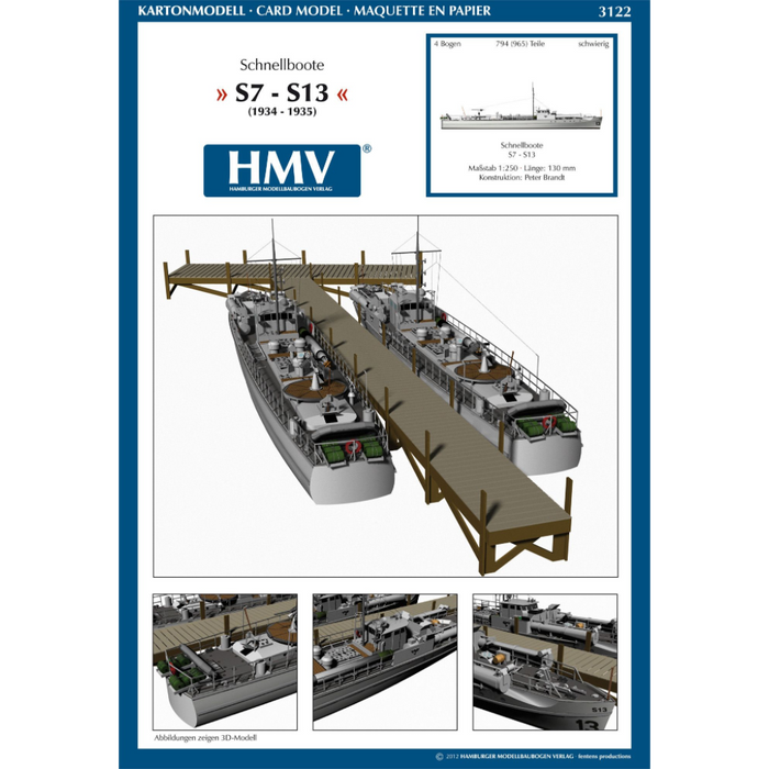 Photo of HMV Harbor S-boat S7–S13 papermodel kit in 1/250 scale with two detailed ships and pier
