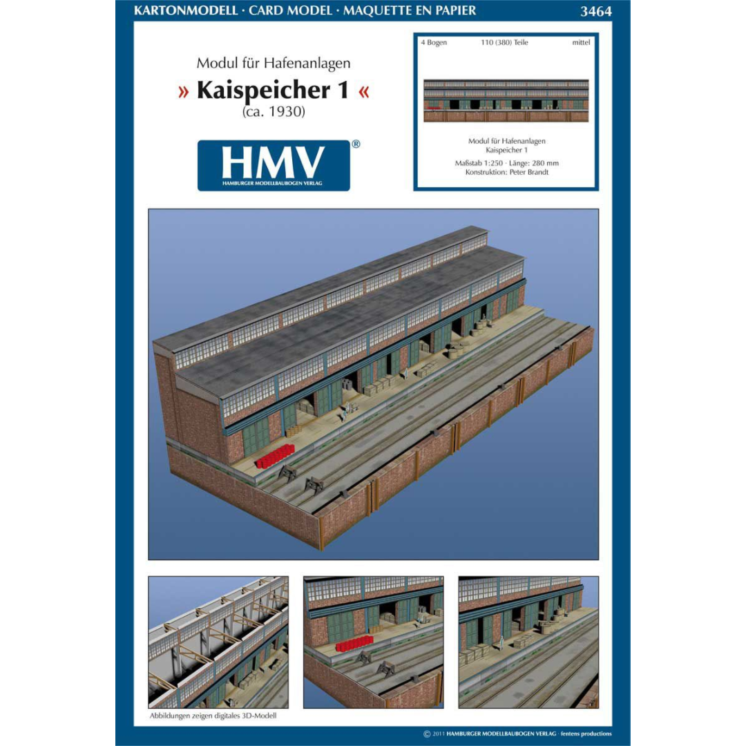 Photo of HMV 1/250 Quayside Warehouse Card Model Kit showing detailed 1930s port facility with pier, warehouse, and cargo elements