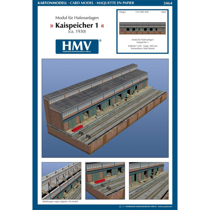 Photo of HMV 1/250 Quayside Warehouse Card Model Kit showing detailed 1930s port facility with pier, warehouse, and cargo elements