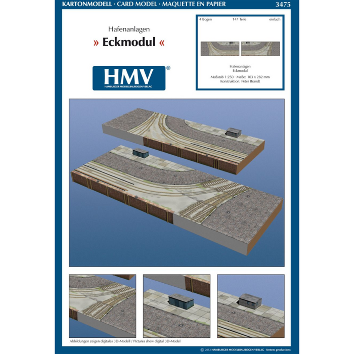 Photo of HMV Port Facility Corner Module 103475 card model kit in 1:250 scale showing inner corner port basin with sheds and cargo.