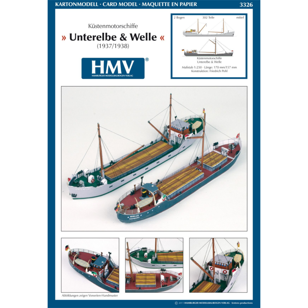 Photo of HMV Unterelbe & Welle 1:250 scale card model kit showing two detailed German coastal ships for papermodel building