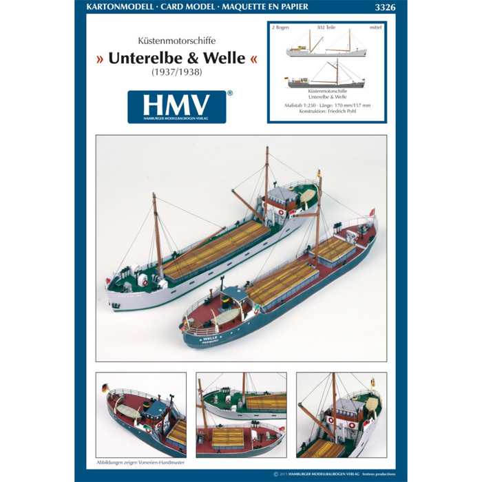 Photo of HMV Unterelbe & Welle 1:250 scale card model kit showing two detailed German coastal ships for papermodel building