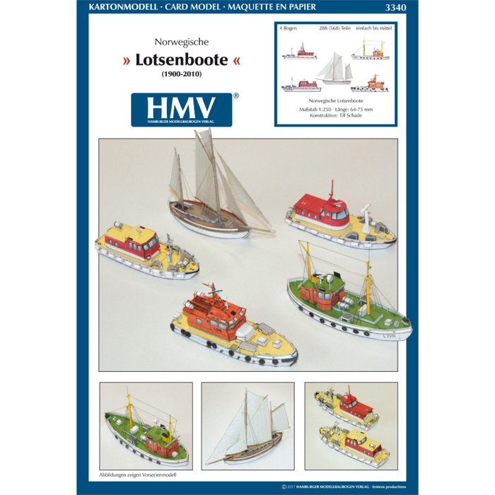 Photo of HMV Norwegian Pilot Boat Card Model Kit 1/250 (103340) featuring six detailed Norwegian pilot boats and a Colin Archer cutter from different eras.