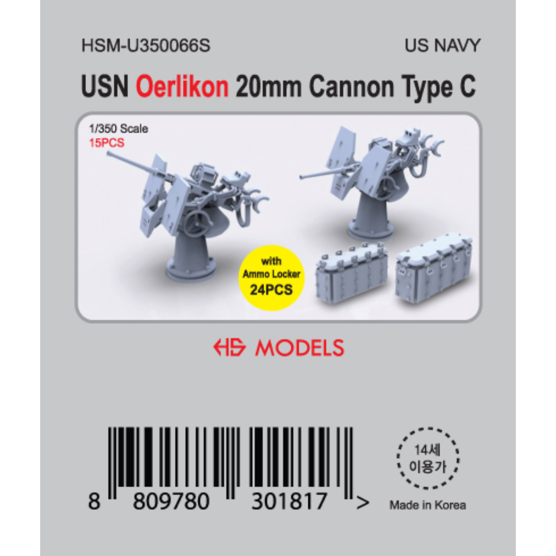 Photo of USN Oerlikon 20mm Cannon Type C 1:350 set with 15 guns and 24 ammo lockers by HS Model