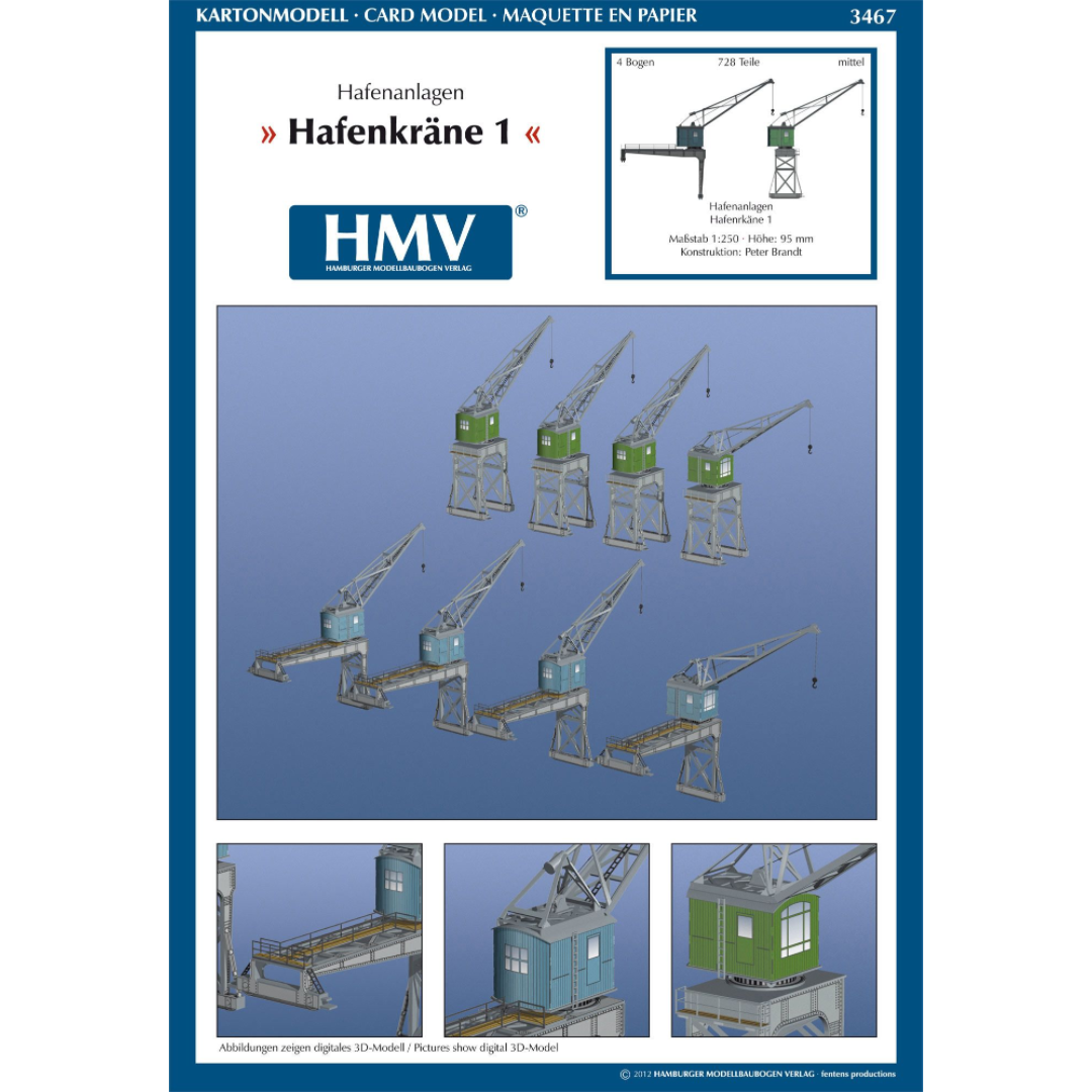 Photo of HMV Port Facility Dockside Cranes 1:250 card model kit showing detailed paper cranes from the 1920s–1930s designed by Peter Brandt.