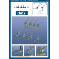 Photo of HMV Port Facility Dockside Cranes 1:250 card model kit showing detailed paper cranes from the 1920s–1930s designed by Peter Brandt.