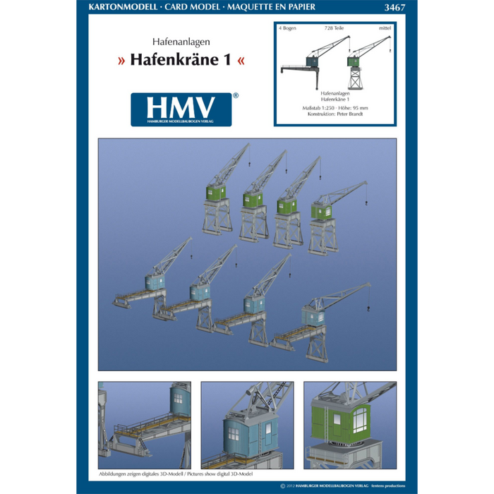 Photo of HMV Port Facility Dockside Cranes 1:250 card model kit showing detailed paper cranes from the 1920s–1930s designed by Peter Brandt.