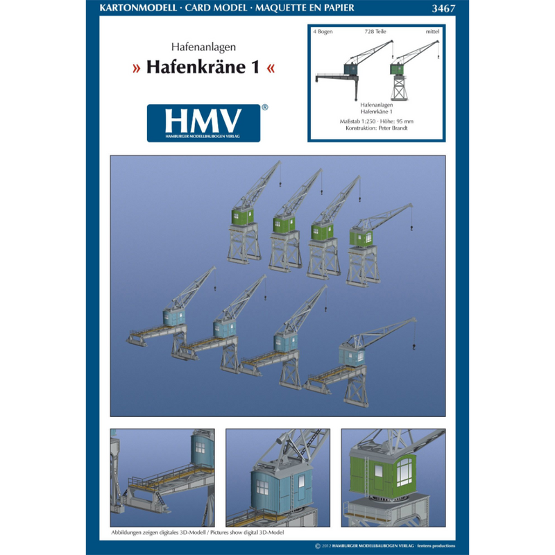 Photo of HMV Port Facility Dockside Cranes 1:250 card model kit showing detailed paper cranes from the 1920s–1930s designed by Peter Brandt.
