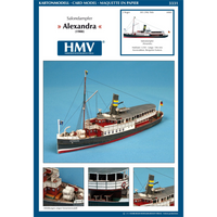 Photo of HMV Passenger Steamer Alexandra 1/250 card model kit showing detailed decks, lifeboat, and superstructure.