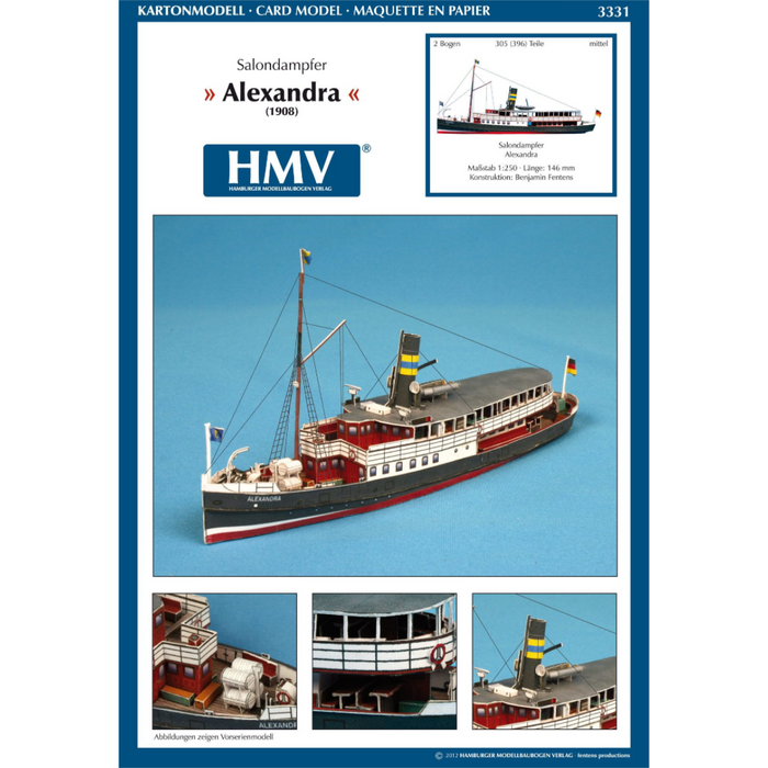 Photo of HMV Passenger Steamer Alexandra 1/250 card model kit showing detailed decks, lifeboat, and superstructure.