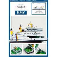 Photo of HMV papermodel kit Ferryboat Rungholt in 1:250 scale showing detailed ferry with open car deck, funnels, and passenger seating.