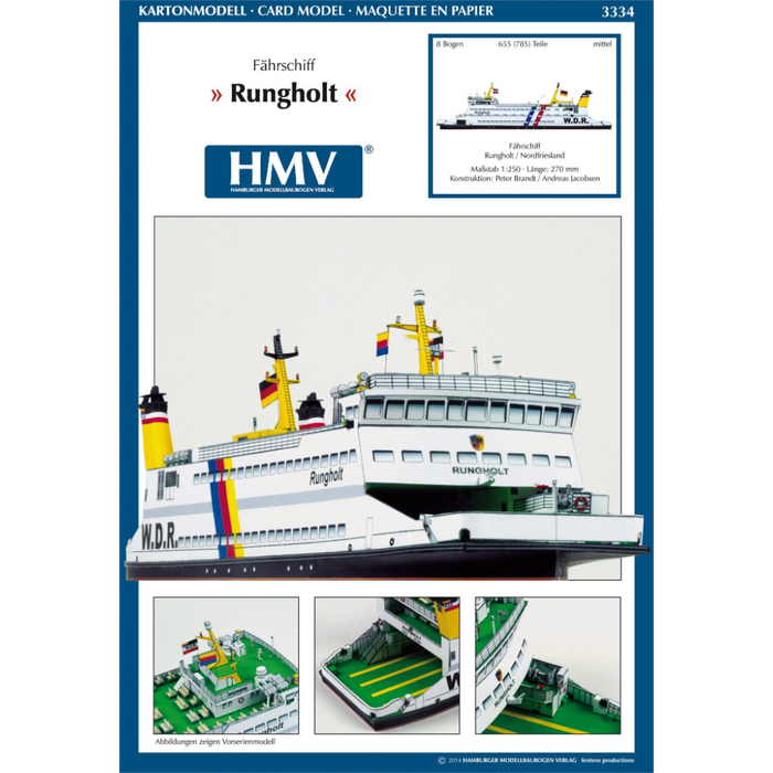 Photo of HMV papermodel kit Ferryboat Rungholt in 1:250 scale showing detailed ferry with open car deck, funnels, and passenger seating.