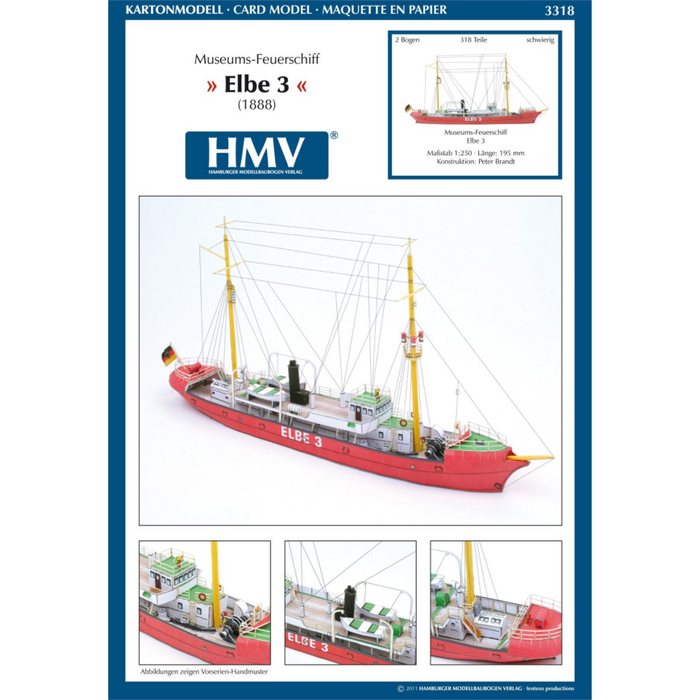 Photo of HMV Light Vessel Elbe 3 Card Model Kit 1/250 showing detailed red hull, weathered deck, and filigree stern design
