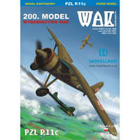 Front cover of a model kit box for a 1:33 scale WAK 200. Model Wydawnictwa War PZL P11c paper model airplane, featuring an illustration of the plane flying over a green landscape under a blue sky.