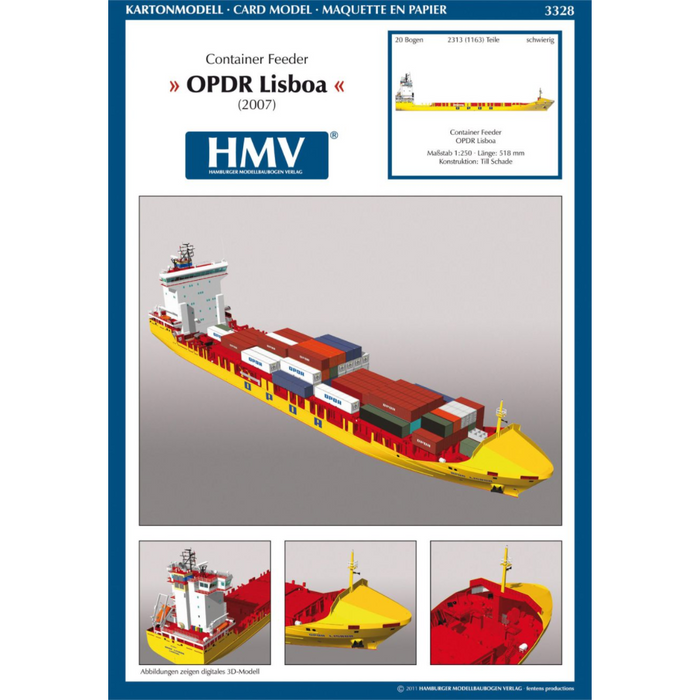 Photo of HMV OPDR Lisboa Container Feeder 1:250 Card Model Kit with detailed bridge, containers, and locomotive cargo