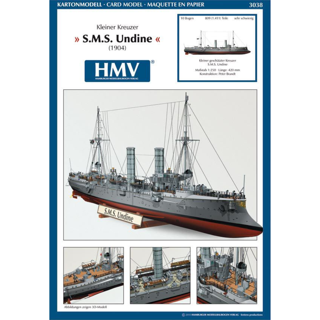 Photo of HMV card model kit SMS Undine 1:250 scale paper model ship with full hull and waterline build options