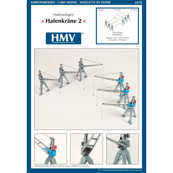 Photo of HMV Port Facility Dockside Cranes 2 paper model kit in 1/250 scale featuring six detailed harbor cranes from the 1950s.