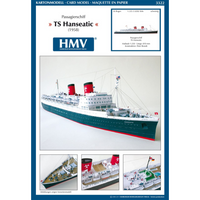 Photo of HMV TS Hanseatic 1/250 card model kit showing detailed superstructure, lifeboats, and elegant hull design by Peter Brandt