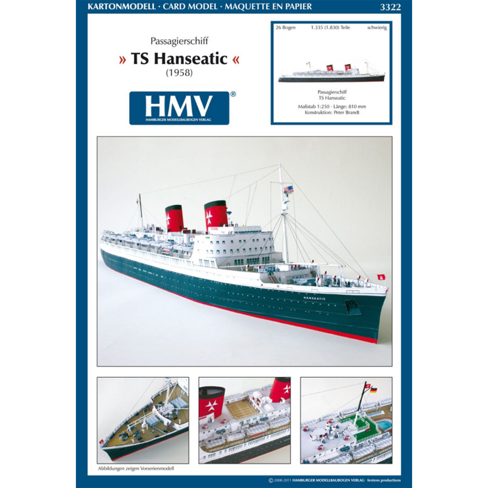 Photo of HMV TS Hanseatic 1/250 card model kit showing detailed superstructure, lifeboats, and elegant hull design by Peter Brandt