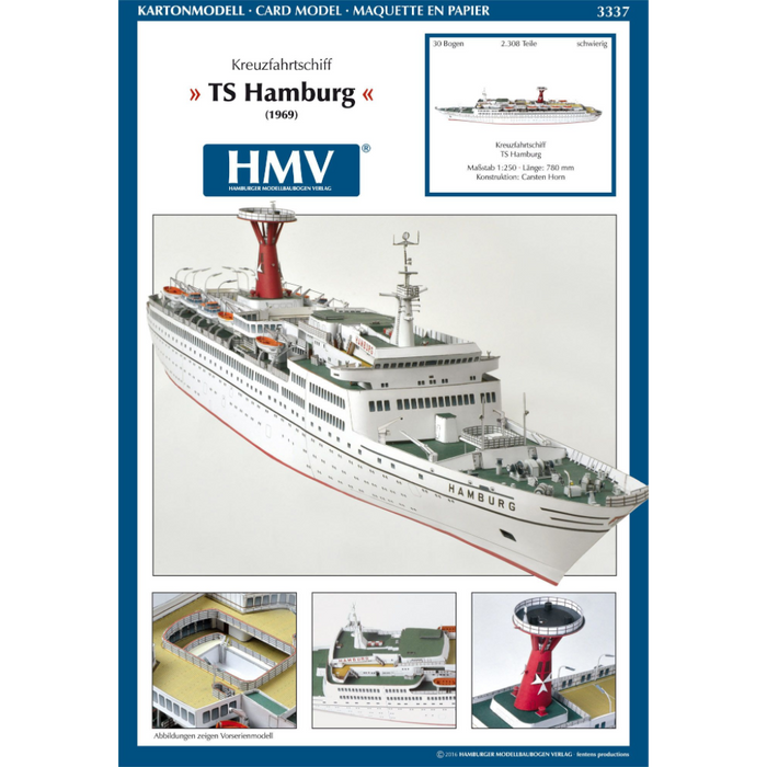 Photo of HMV TS Hamburg paper model kit 1:250 with detailed cruise ship design and original lifeboats