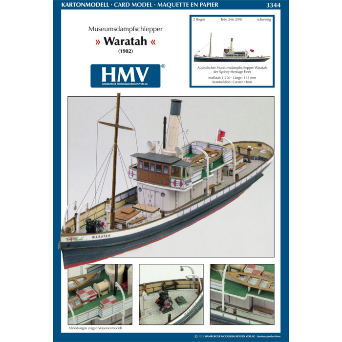 Photo of the HMV 1/250 scale Steam Tug Waratah paper model kit showing detailed deck design, filigree masts, and bridge interior.