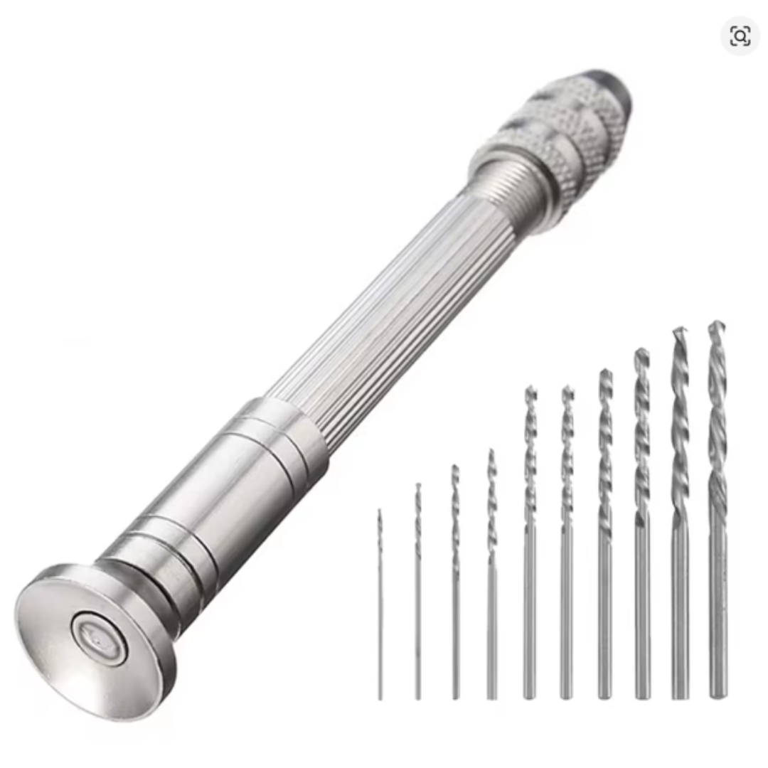 Photo of precision hand drill with 10 mini twist drill bits 0.8mm to 3mm for model making and crafts