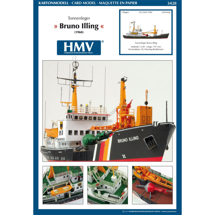 Photo of HMV Buoy Tender Bruno Illing 1/250 scale paper model kit with detailed crane, buoys, and lifeboat by Dr. Henning Budelmann.