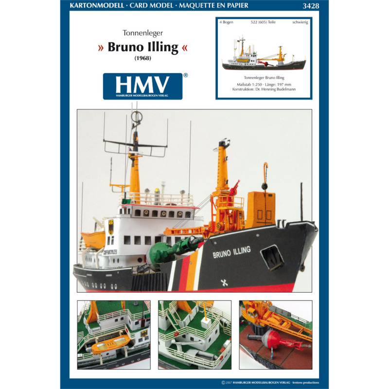 Photo of HMV Buoy Tender Bruno Illing 1/250 scale paper model kit with detailed crane, buoys, and lifeboat by Dr. Henning Budelmann.