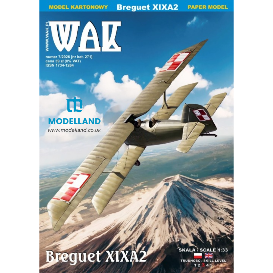 Front cover of the WAK Model Kartony magazine issue 7, featuring a 1:33 scale model kit for the Breguet X19A2 paper model. The cover displays a vintage military biplane flying over a snow-capped mountain under a blue sky, with branding for WAK and Modelland.