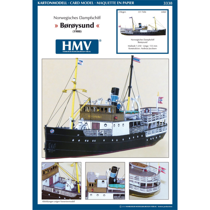 Photo of HMV 1:250 Norwegian Steamer Børøysund Paper Model Kit showing detailed bridge, capstan, and steamer stern designed by Andreas Jacobsen.