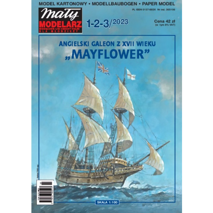Photo of Mayflower sailing ship card model 1:100 scale from Mały Modelarz 1-2-3/2023 with printed parts and assembly instructions
