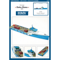 Photo of HMV Fast Crew Supplier Doña Diana 1:250 paper model ship kit designed by Till Schade, featuring blue Axe-Bow hull and deck cargo.