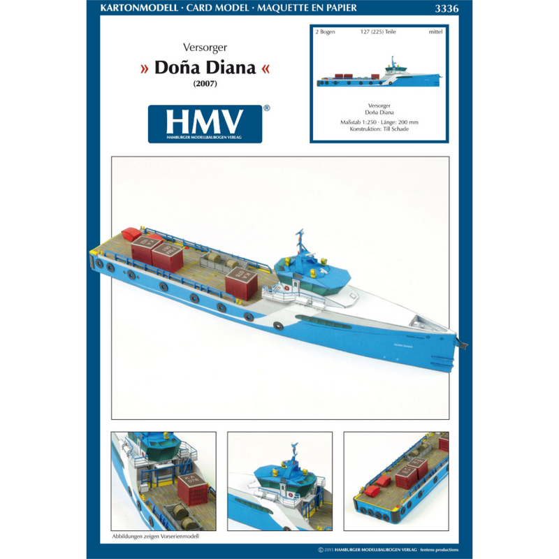 Photo of HMV Fast Crew Supplier Doña Diana 1:250 paper model ship kit designed by Till Schade, featuring blue Axe-Bow hull and deck cargo.