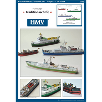 Photo of HMV Hamburg Museum Ships Card Model Kit 103342 showing four detailed paper ship models – Feuerwehr IV, Kirchdorf, Glückstadt, and Elbe 1 – in 1/250 scale