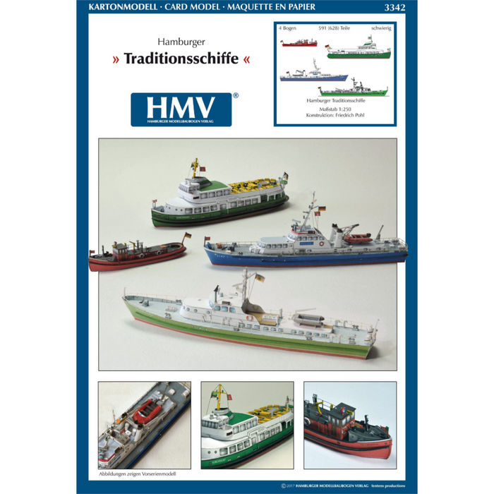 Photo of HMV Hamburg Museum Ships Card Model Kit 103342 showing four detailed paper ship models – Feuerwehr IV, Kirchdorf, Glückstadt, and Elbe 1 – in 1/250 scale