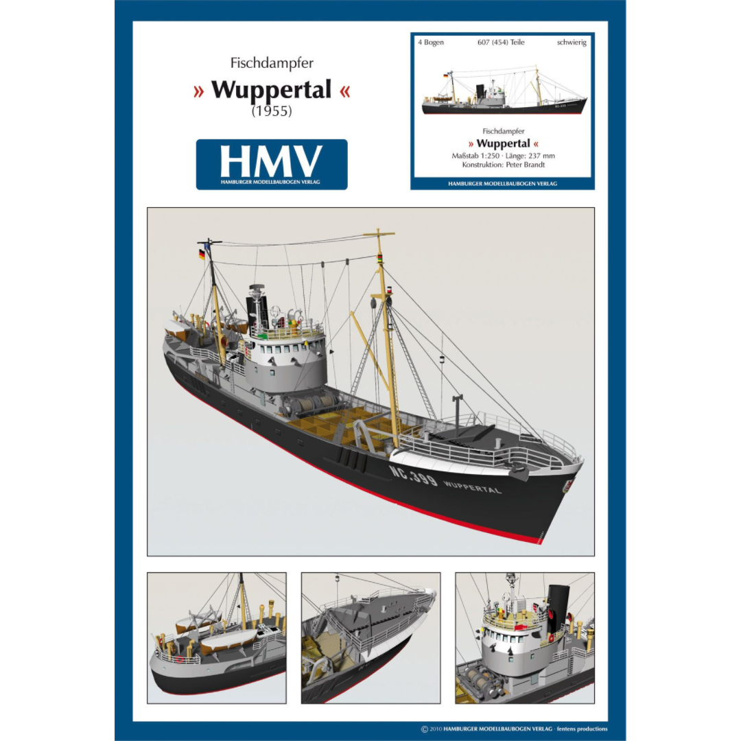 Photo of Fishing Trawler Wuppertal card model kit 1/250 by HMV showing detailed paper ship design