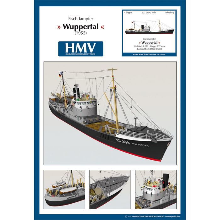 Photo of Fishing Trawler Wuppertal card model kit 1/250 by HMV showing detailed paper ship design