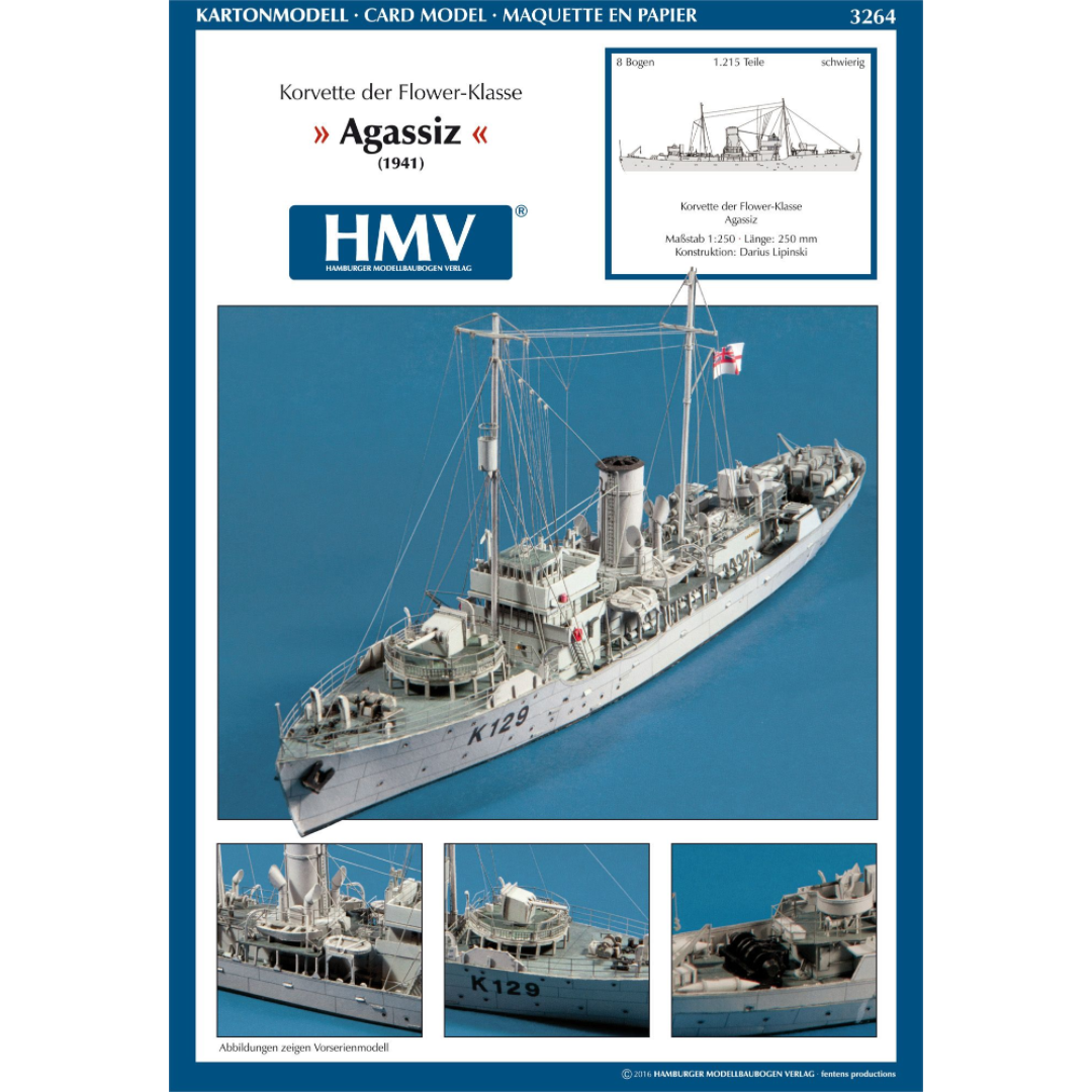 Photo of HMV Flower Class Corvette HMCS Agassiz 1:250 scale card model kit with detailed parts and realistic naval design