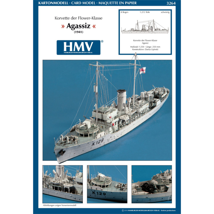 Photo of HMV Flower Class Corvette HMCS Agassiz 1:250 scale card model kit with detailed parts and realistic naval design