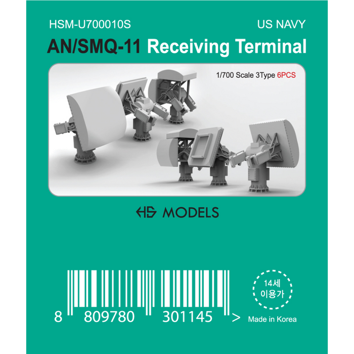 Photo of AN/SMQ-11 Receiving Terminal 1:700 scale resin model set by HS Model HSM-U700010S showing 6 detailed communication terminals in 3 types