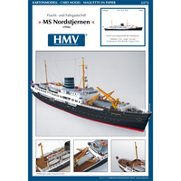 Photo of HMV Nordstjernen 1:250 scale card model kit showing detailed hull graphics and bridge interior from HMV Publishing.
