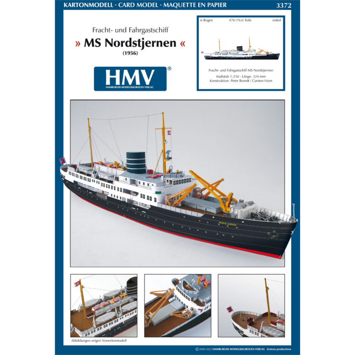 Photo of HMV Nordstjernen 1:250 scale card model kit showing detailed hull graphics and bridge interior from HMV Publishing.