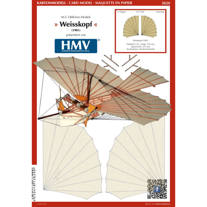 Photo of the M.S. Oldtimer-Models Weisskopf 1901 card model kit by HMV, showing the detailed colored cardboard sheets and finished airplane model in 1:50 scale.
