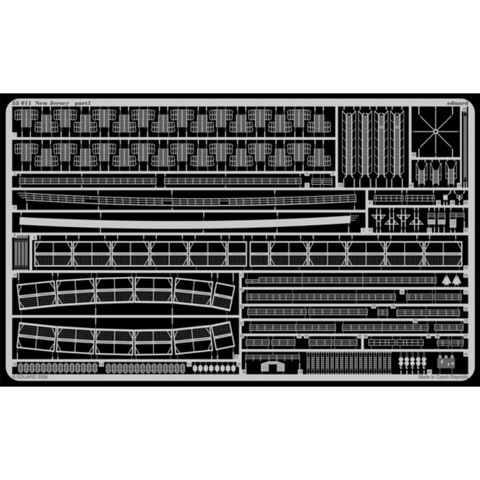 Photo of Eduard 53011 USS New Jersey 1/350 photo etched detail set for Tamiya model kit contents