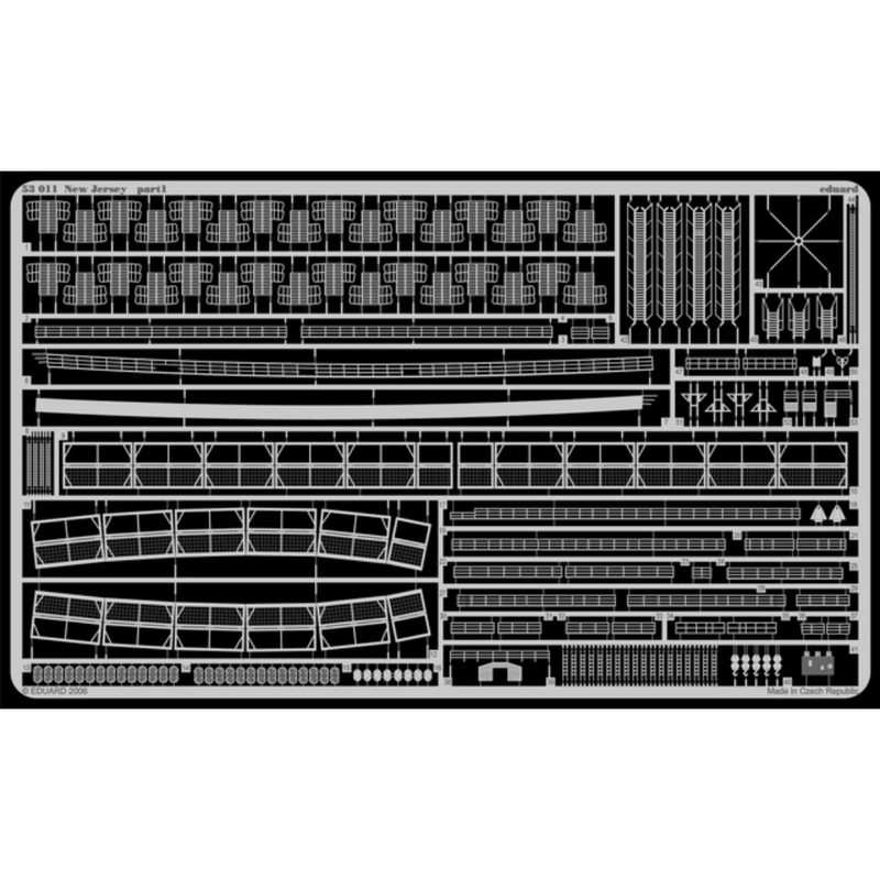 Photo of Eduard 53011 USS New Jersey 1/350 photo etched detail set for Tamiya model kit contents