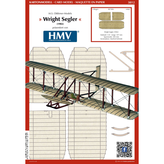 Photo of HMV M.S. Oldtimer-Models Wright Glider 1901 card model kit in 1:50 scale designed by Manfred Schmidt, showing detailed colored cardboard parts and instructions.