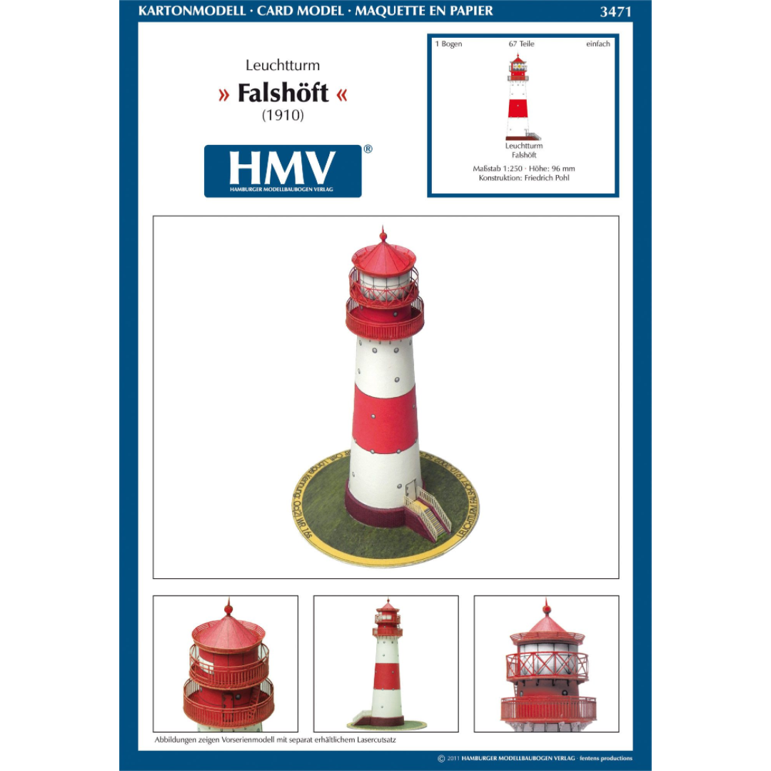 Photo of HMV Lighthouse Falshöft 1/250 Card Model Kit showing detailed red and white paper lighthouse with realistic structure and easy assembly parts.