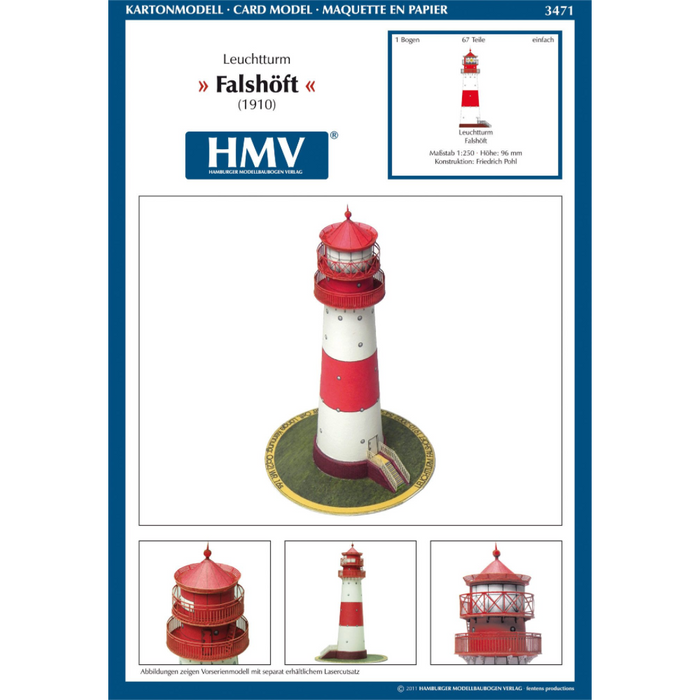 Photo of HMV Lighthouse Falshöft 1/250 Card Model Kit showing detailed red and white paper lighthouse with realistic structure and easy assembly parts.