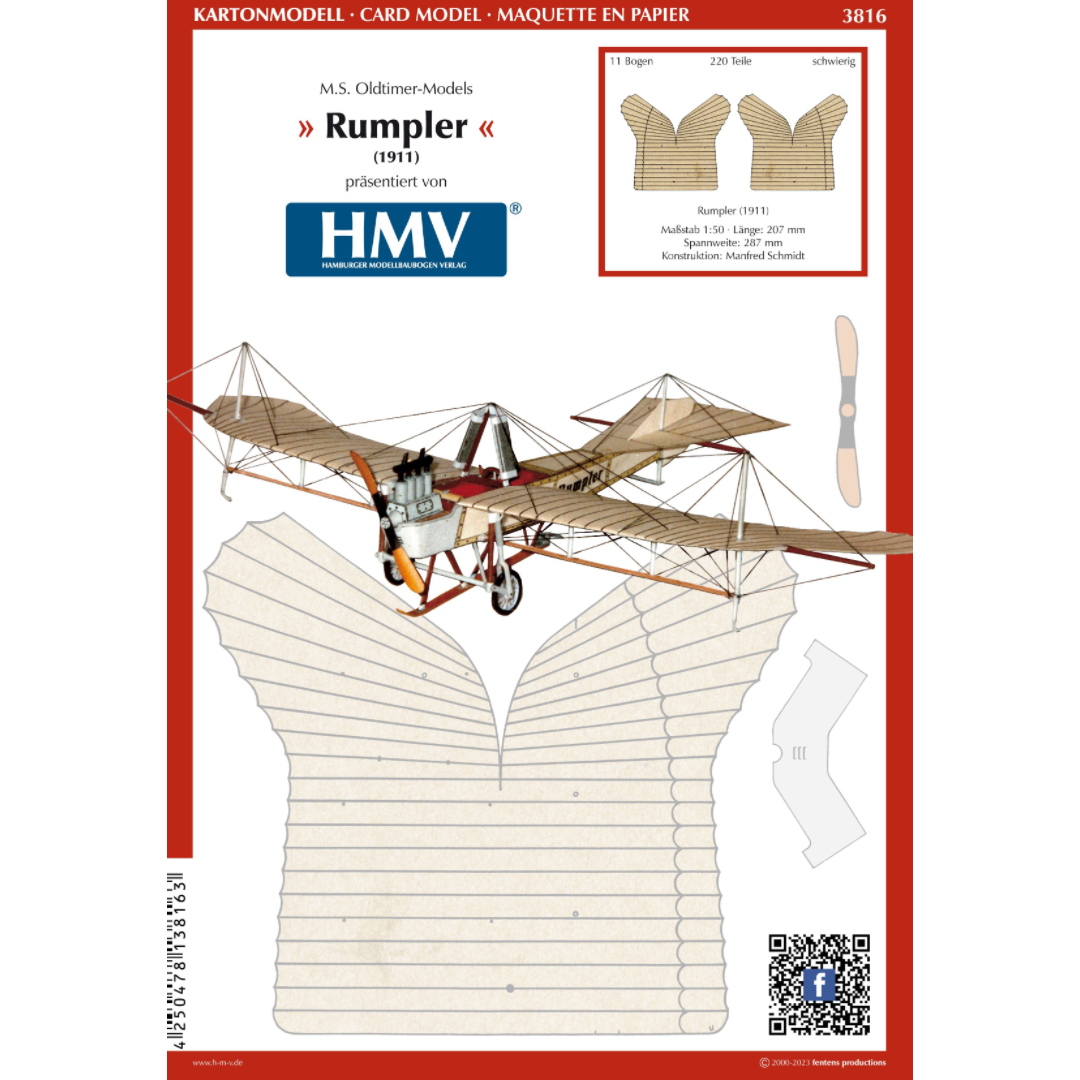 Photo of Rumpler 1911 Card Model Kit from HMV M.S. Oldtimer-Models, hand-drawn paper model of early German aircraft in 1:50 scale