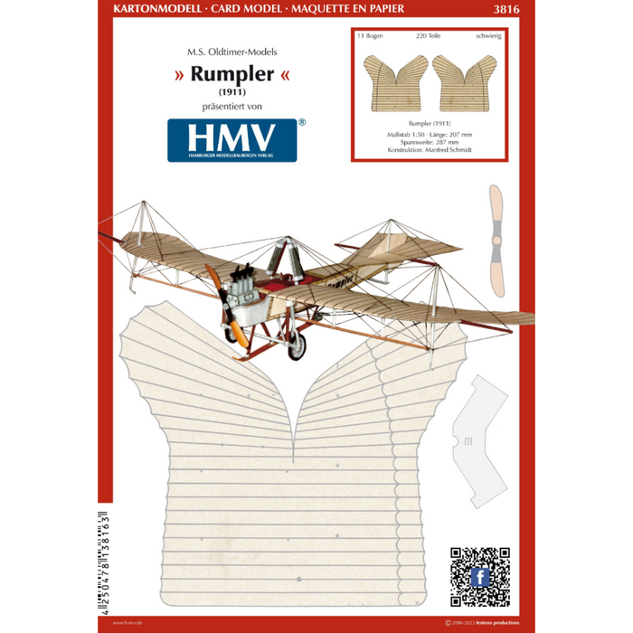 Photo of Rumpler 1911 Card Model Kit from HMV M.S. Oldtimer-Models, hand-drawn paper model of early German aircraft in 1:50 scale